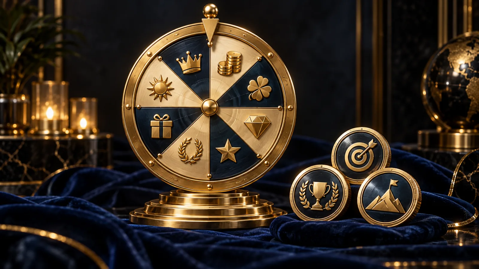 Goldenes Glücksrad mit acht Segmenten und drei Missionsmarken auf dunkelblauem Samt