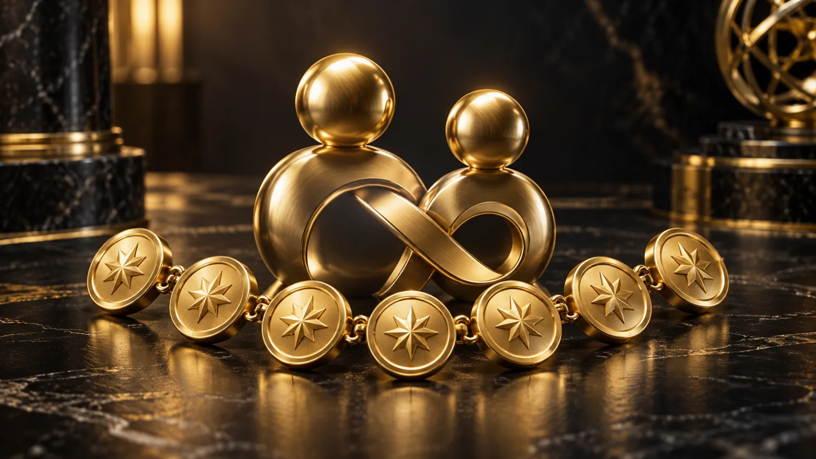 Sieben Tagesmedaillons neben zwei verbundenen goldenen Spielerfiguren