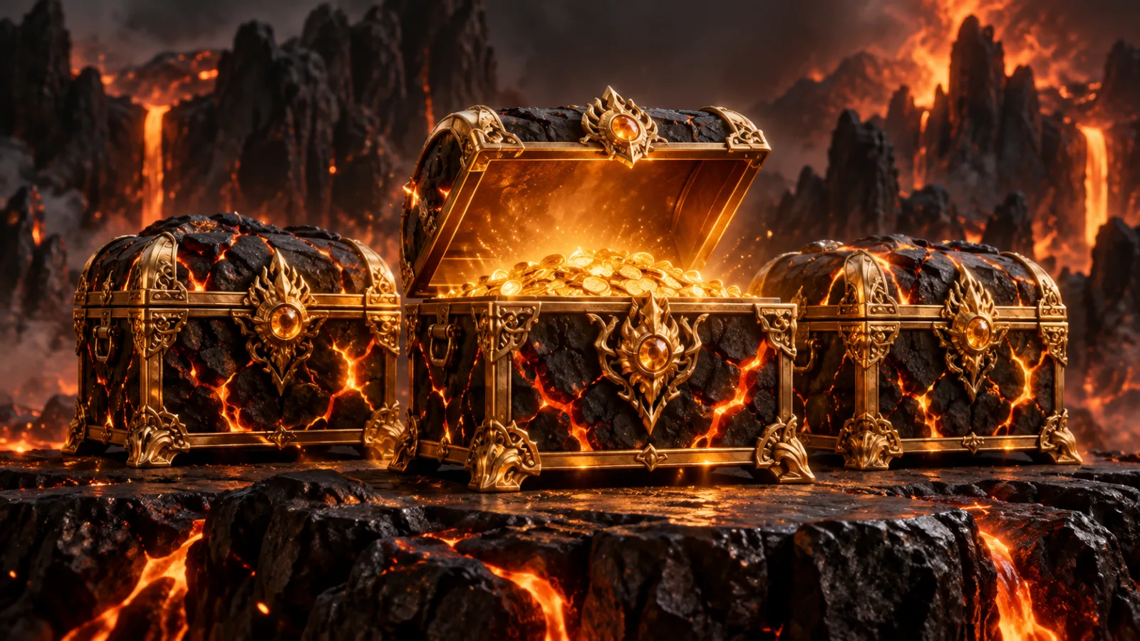 Drei kunstvolle Schatztruhen mit feurigen Goldnähten auf vulkanischem Obsidian