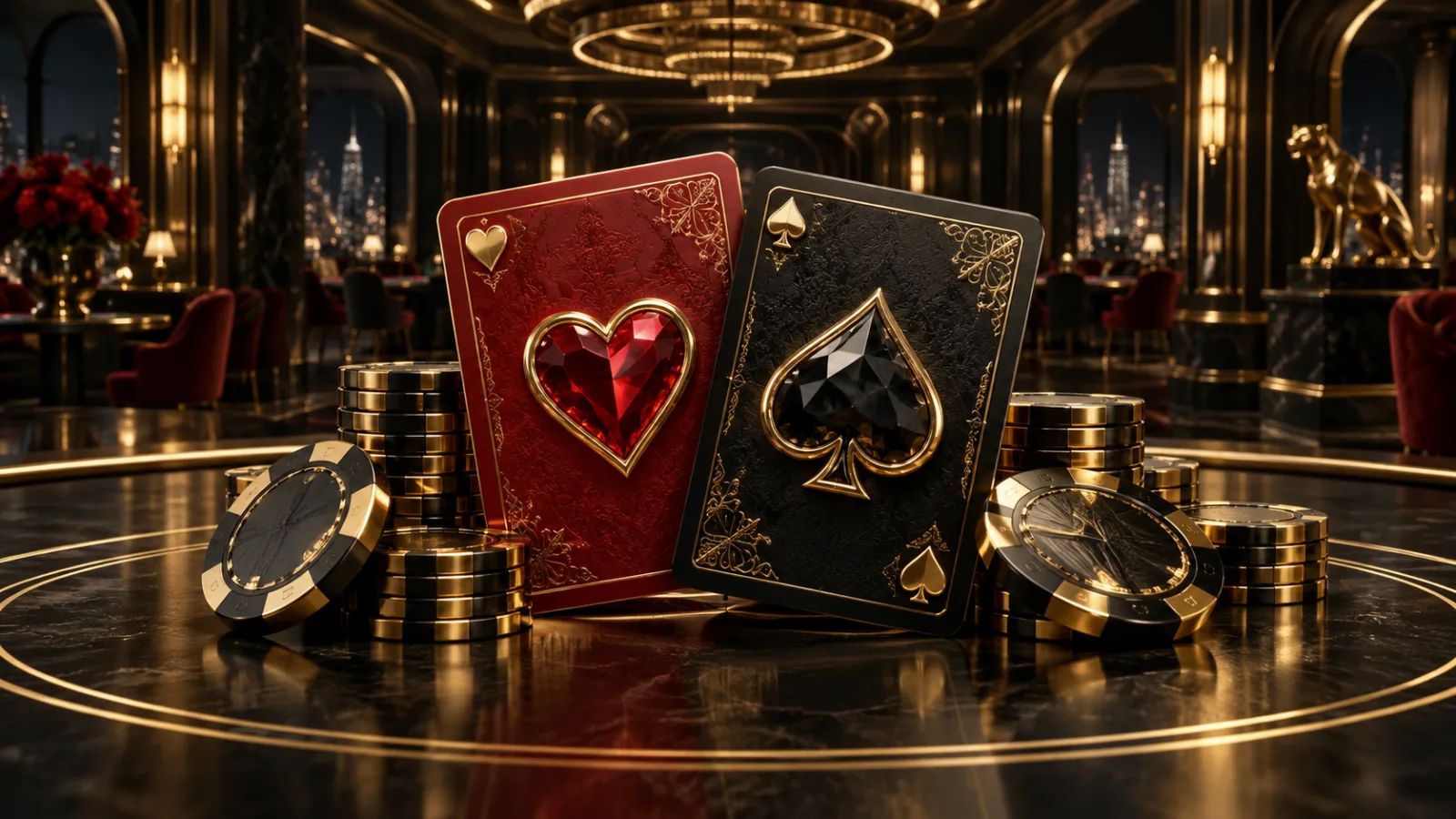 Rote und schwarze Spielkarten mit Goldchips in einem luxuriösen Casino