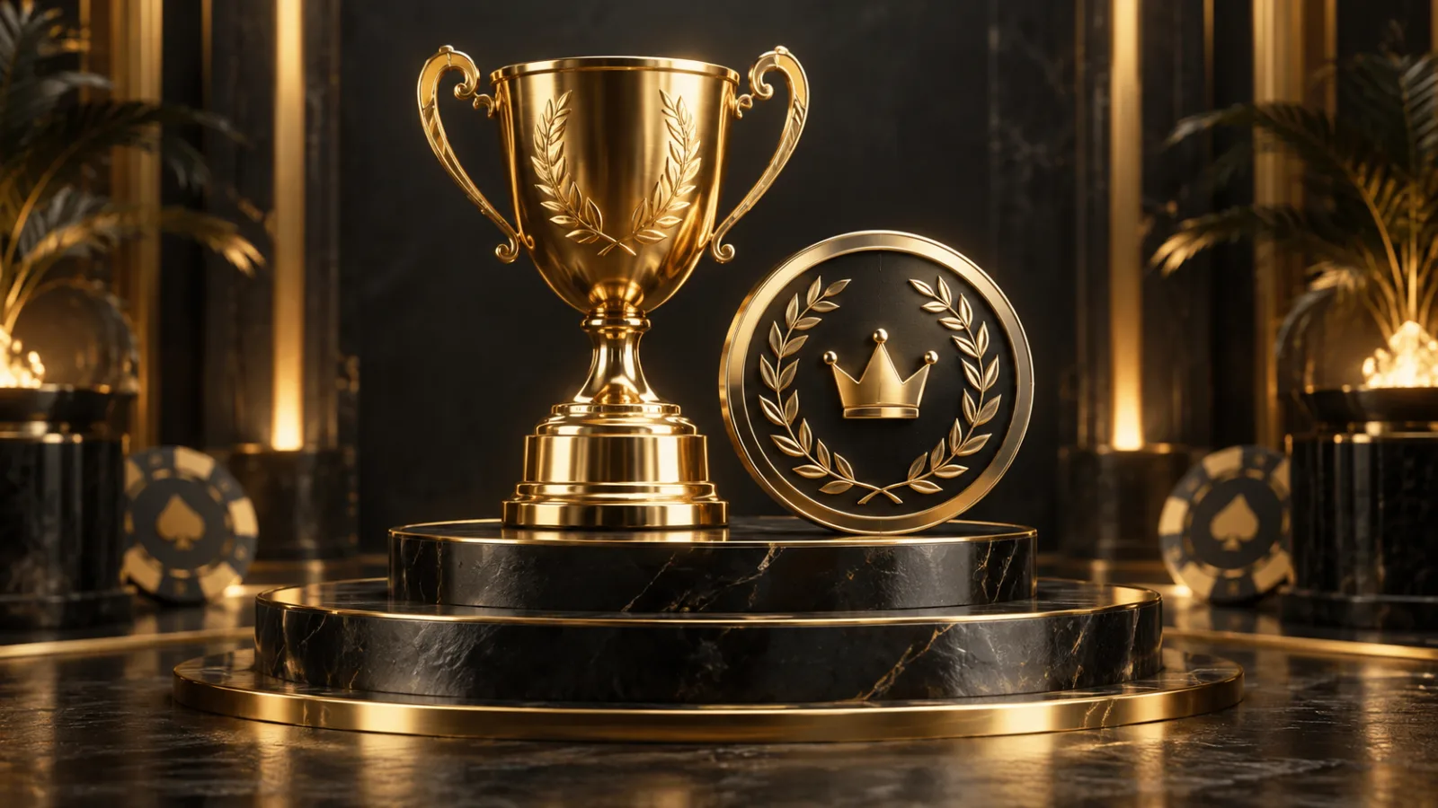Goldener Turnierpokal und VIP-Medaillon auf gestuften schwarzen Podesten