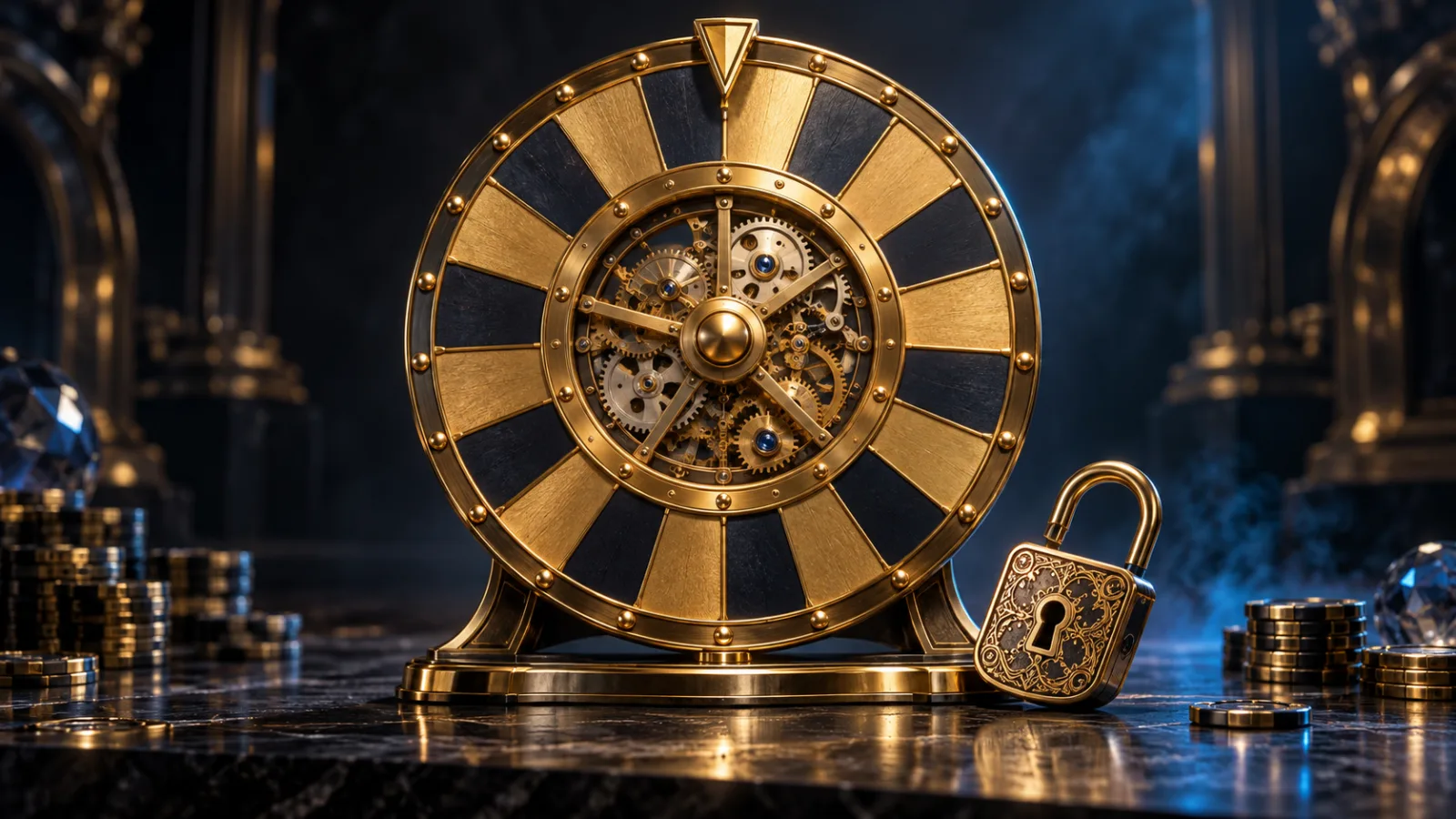 Goldenes Glücksrad mit sichtbarem Uhrwerk und geöffnetem Vorhängeschloss