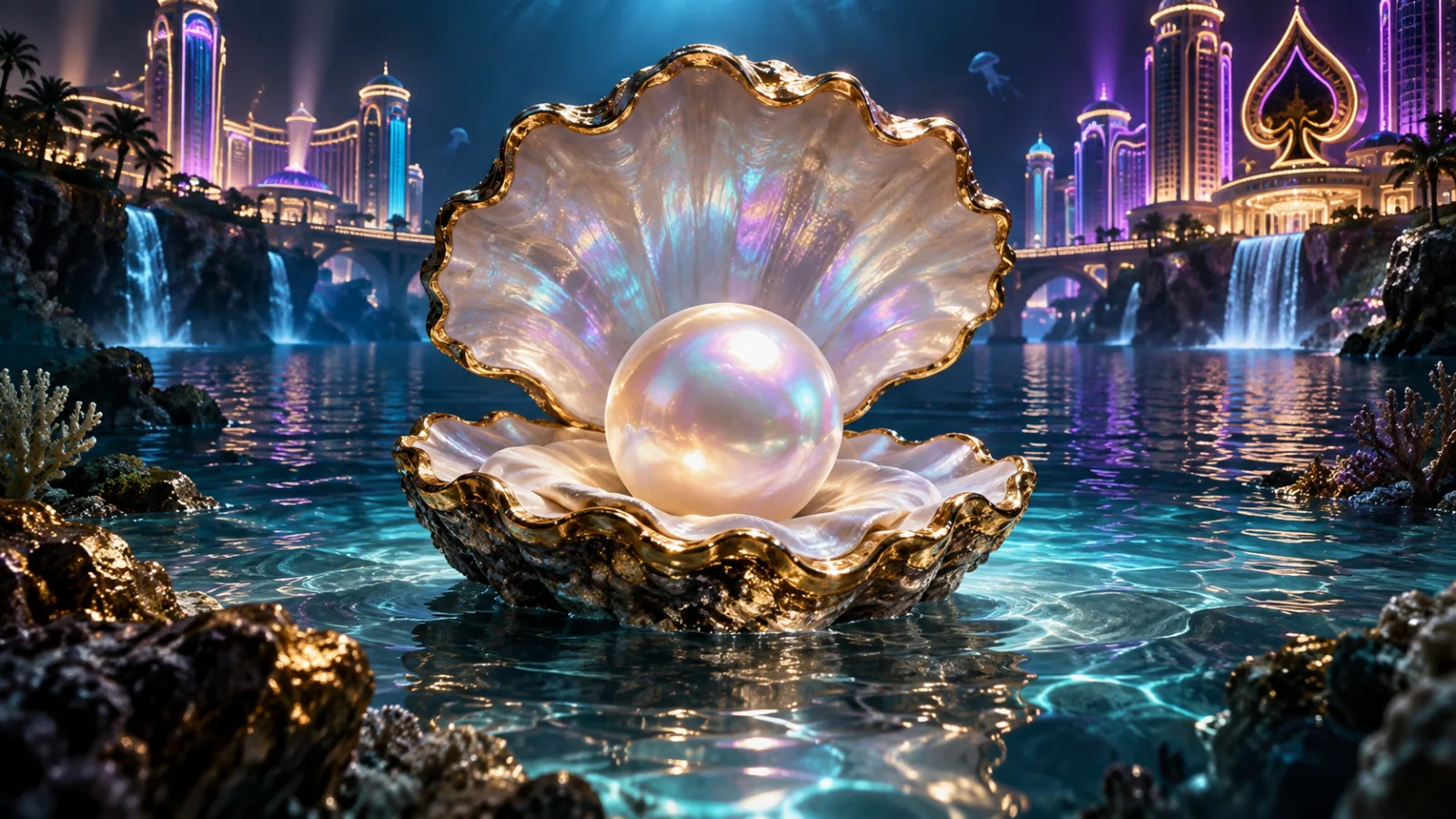 Schillernde Perle in einer Muschel vor einer violett und cyan beleuchteten Casino-Skyline