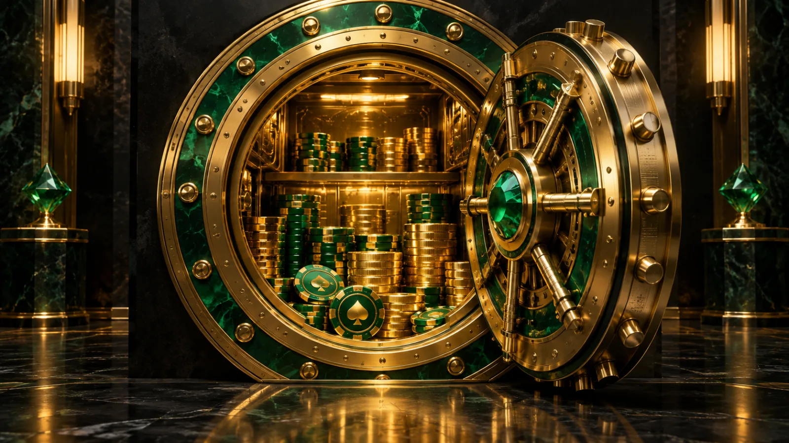 Gesicherter goldener Tresor mit ineinandergreifenden Ringen und Spielmünzen