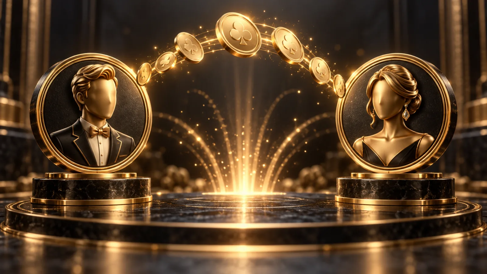 Zwei Profilmedaillons verbunden durch einen Bogen goldener Spielmünzen