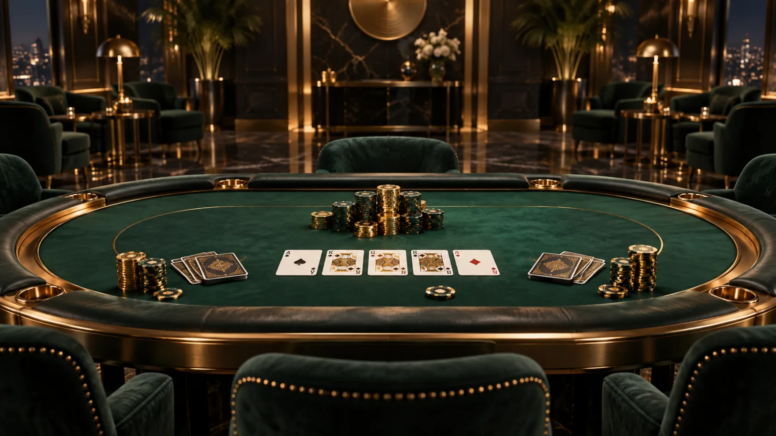 Eleganter Pokertisch mit smaragdgrünem Filz, Karten und goldgeränderten Chips