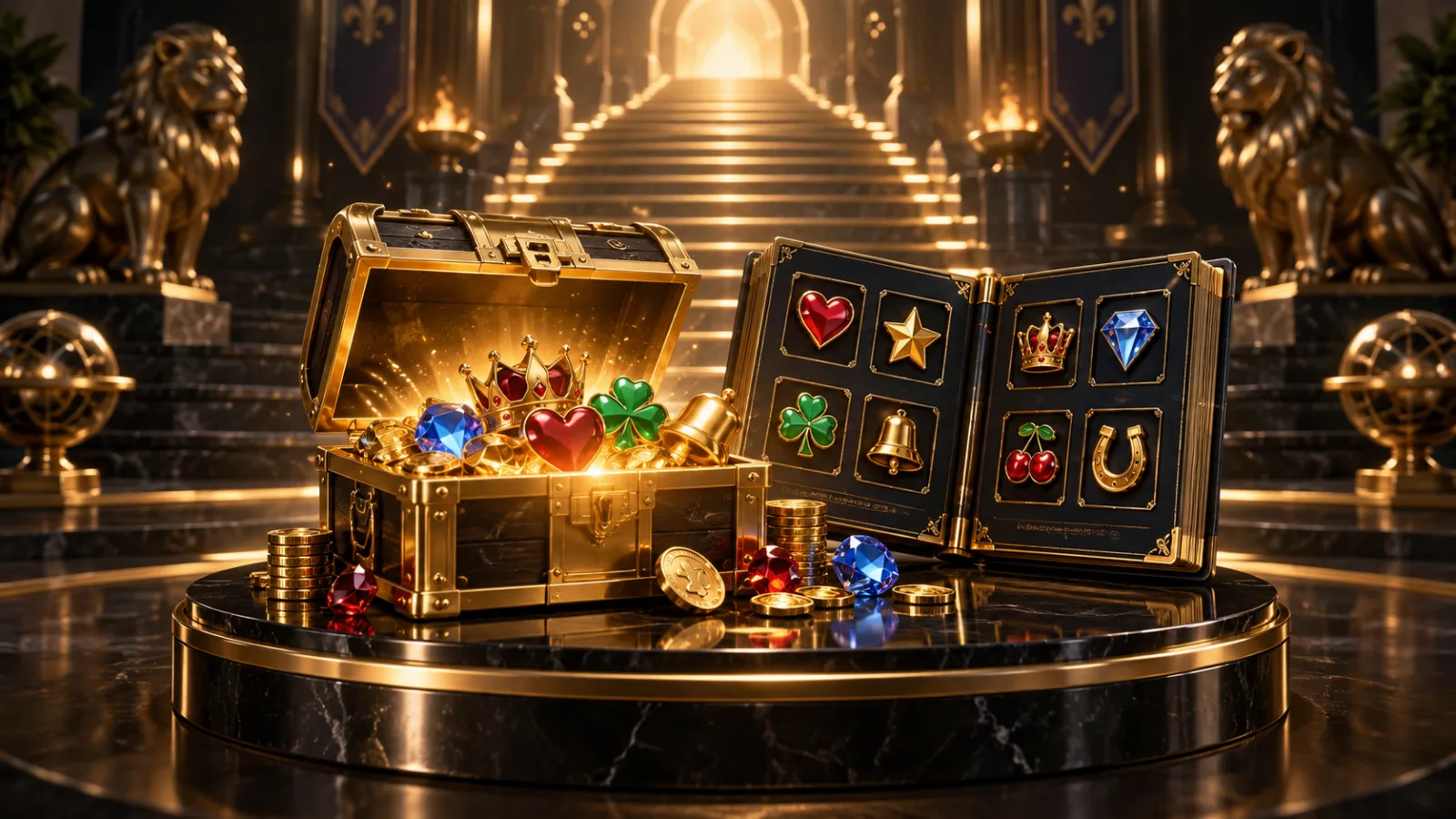 Geöffnete goldene Belohnungstruhe mit Sammelalbum und leuchtenden Fortschrittsstufen
