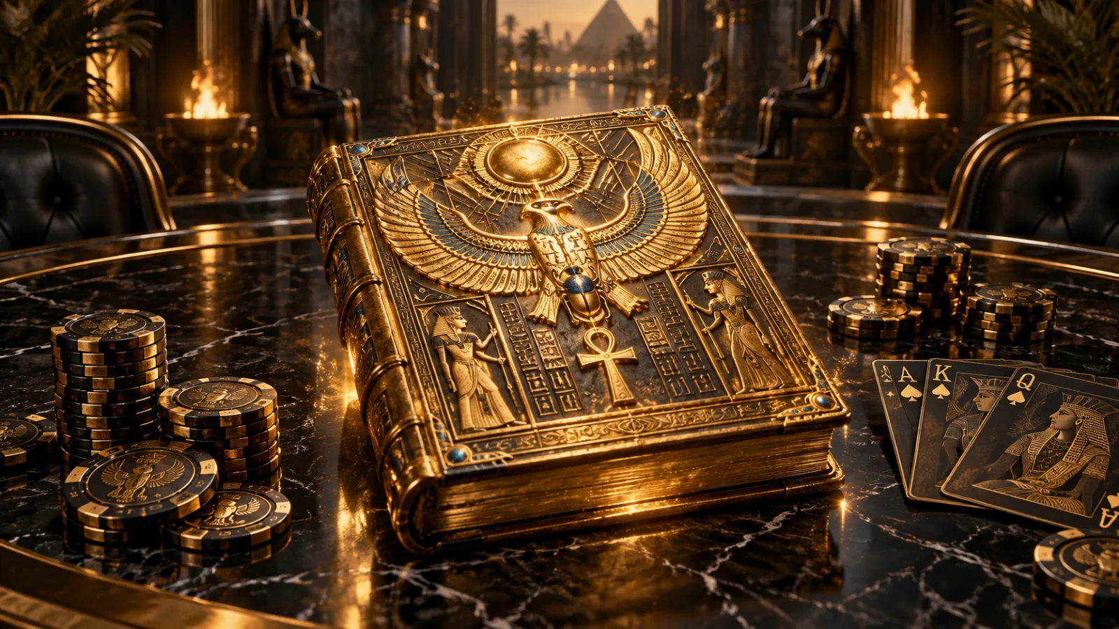 Goldenes ägyptisches Buch, Spielkarten und Pokerchips in einem eleganten Casino