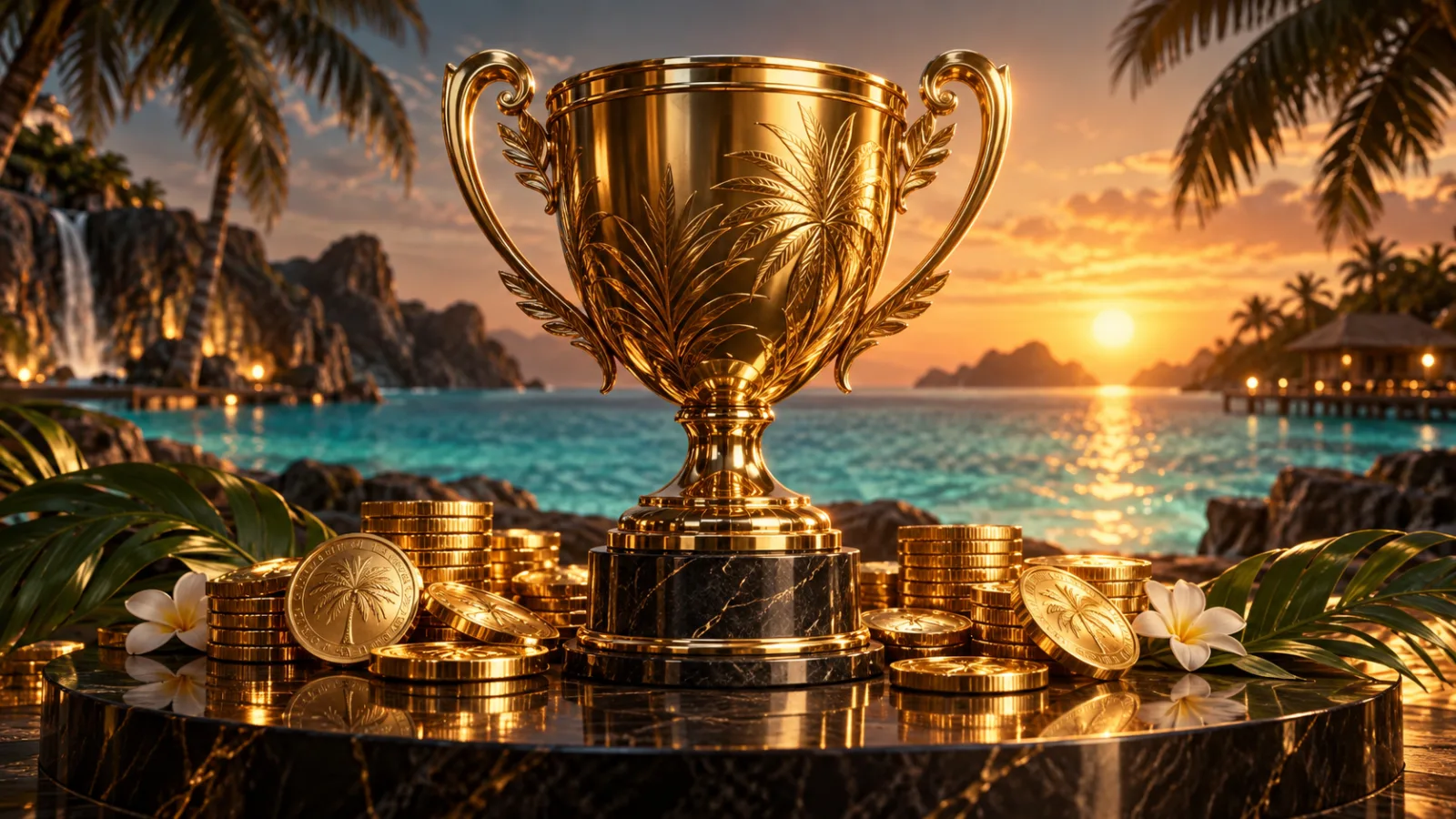 Goldener Turnierpokal mit Münzen vor Palmen und einem türkisfarbenen Meer bei Sonnenuntergang